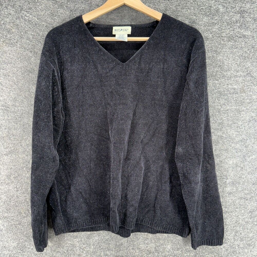 White Stag Sweater Pullover Women L Large Gray V-Neck Long Sleeve Acrylic Casual